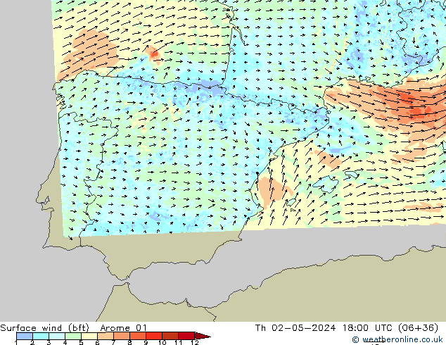 Surface wind (bft) Arome 01 Th 02.05.2024 18 UTC