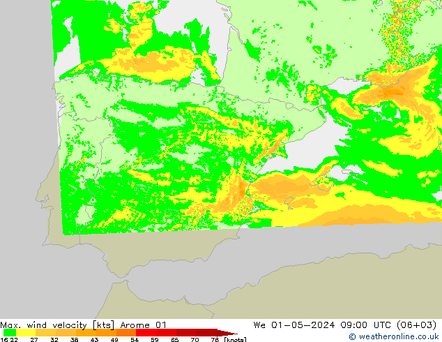 Max. wind velocity Arome 01 St 01.05.2024 09 UTC