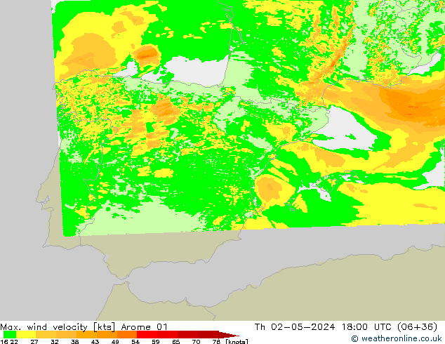 Max. wind velocity Arome 01 Th 02.05.2024 18 UTC