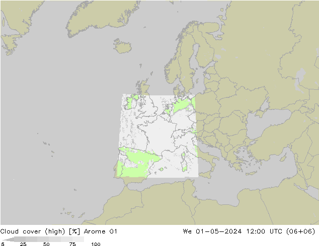 Cloud cover (high) Arome 01 We 01.05.2024 12 UTC