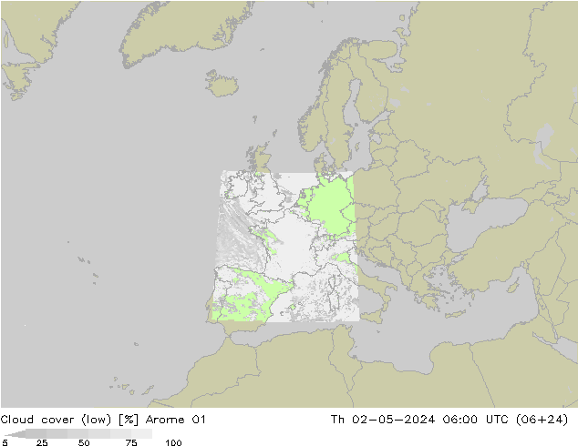 Cloud cover (low) Arome 01 Th 02.05.2024 06 UTC