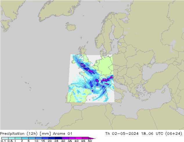 Precipitation (12h) Arome 01 Th 02.05.2024 06 UTC