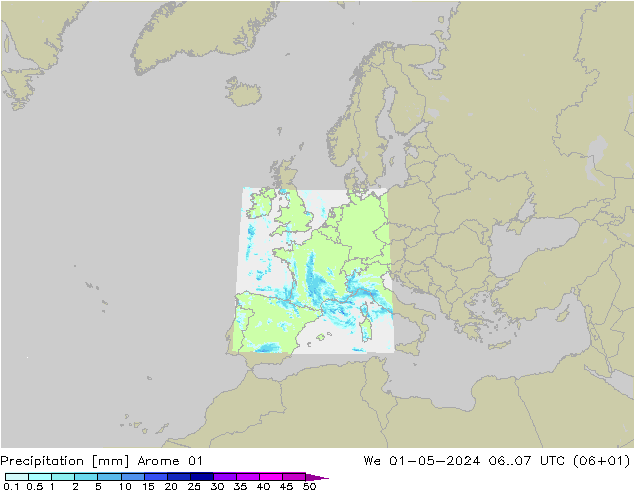 Niederschlag Arome 01 Mi 01.05.2024 07 UTC