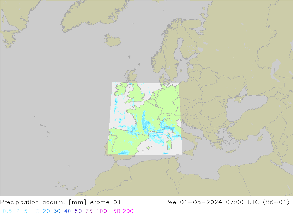 Precipitation accum. Arome 01 We 01.05.2024 07 UTC