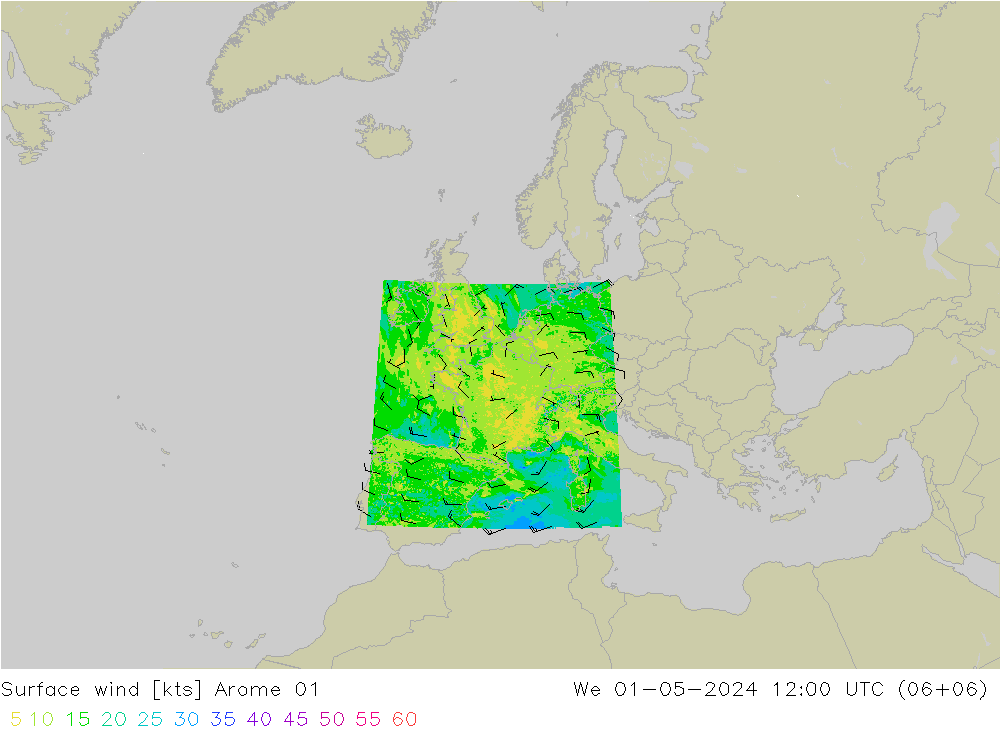 Surface wind Arome 01 We 01.05.2024 12 UTC