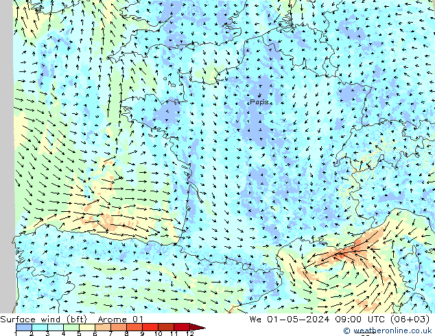 wiatr 10 m (bft) Arome 01 śro. 01.05.2024 09 UTC