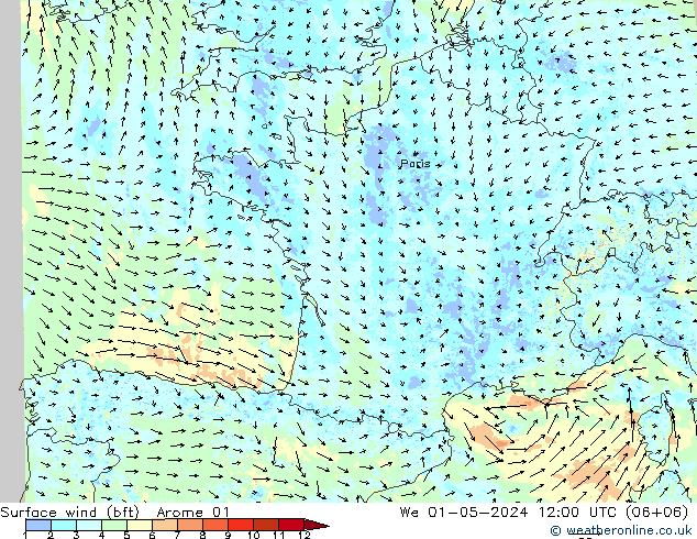 Viento 10 m (bft) Arome 01 mié 01.05.2024 12 UTC