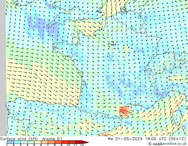 Surface wind (bft) Arome 01 We 01.05.2024 18 UTC