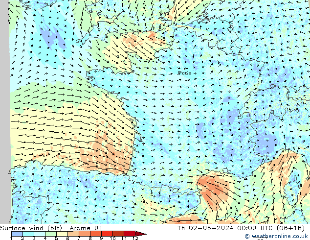 Bodenwind (bft) Arome 01 Do 02.05.2024 00 UTC