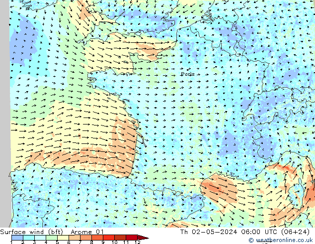 Rüzgar 10 m (bft) Arome 01 Per 02.05.2024 06 UTC