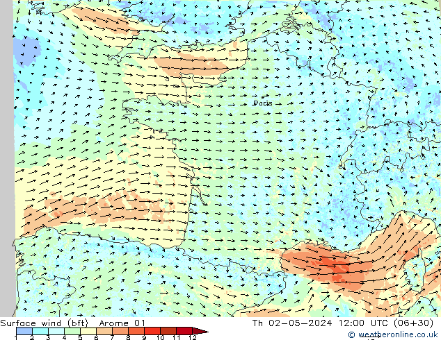 Surface wind (bft) Arome 01 Th 02.05.2024 12 UTC