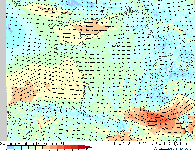 wiatr 10 m (bft) Arome 01 czw. 02.05.2024 15 UTC