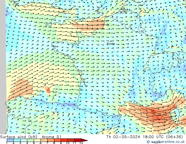 Surface wind (bft) Arome 01 Čt 02.05.2024 18 UTC