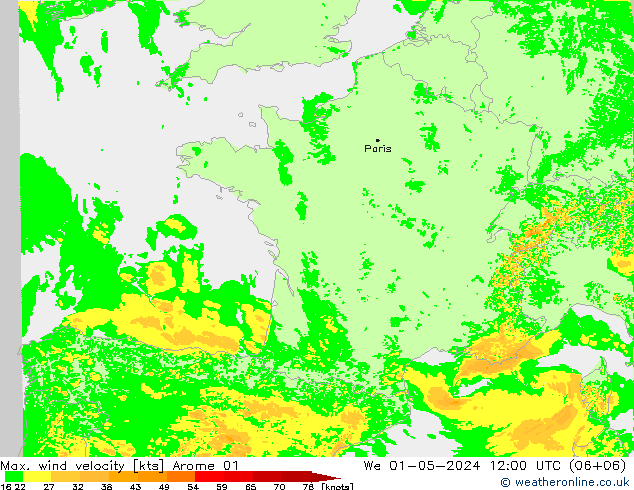 Max. wind velocity Arome 01  01.05.2024 12 UTC