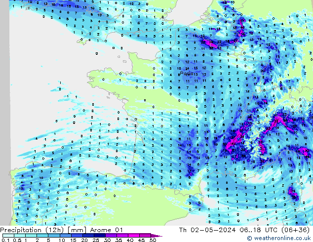 Precipitation (12h) Arome 01 Th 02.05.2024 18 UTC