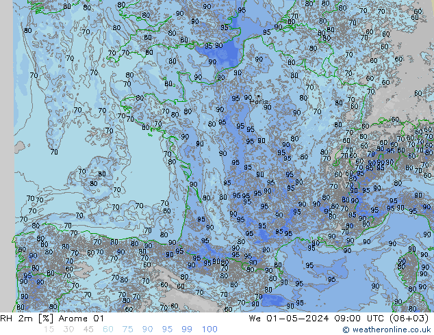 RH 2m Arome 01 ср 01.05.2024 09 UTC