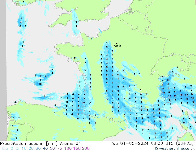 Totale neerslag Arome 01 wo 01.05.2024 09 UTC