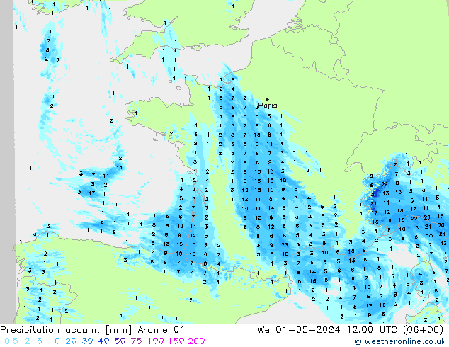 Nied. akkumuliert Arome 01 Mi 01.05.2024 12 UTC