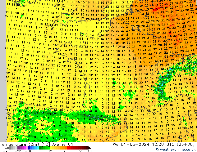 Temperature (2m) Arome 01 We 01.05.2024 12 UTC