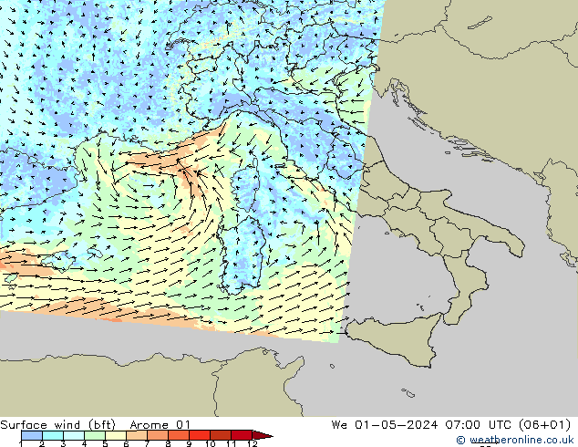 Wind 10 m (bft) Arome 01 wo 01.05.2024 07 UTC