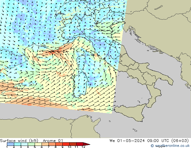 Wind 10 m (bft) Arome 01 wo 01.05.2024 09 UTC