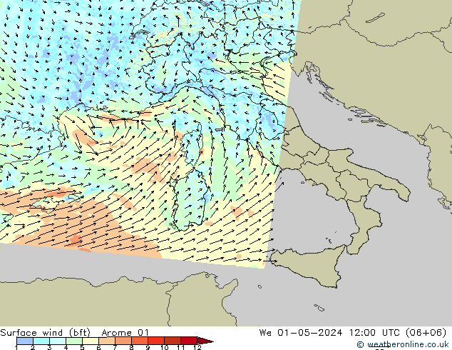 Wind 10 m (bft) Arome 01 wo 01.05.2024 12 UTC