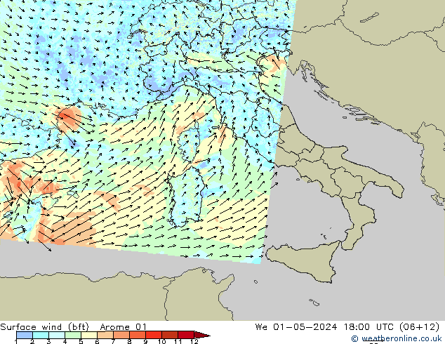 wiatr 10 m (bft) Arome 01 śro. 01.05.2024 18 UTC