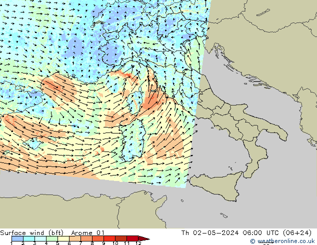 Surface wind (bft) Arome 01 Čt 02.05.2024 06 UTC