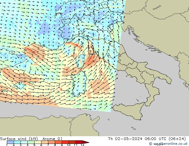 Surface wind (bft) Arome 01 Th 02.05.2024 06 UTC