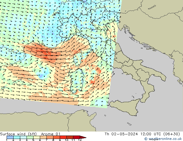 Rüzgar 10 m (bft) Arome 01 Per 02.05.2024 12 UTC