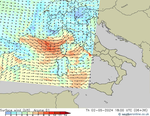 Surface wind (bft) Arome 01 Čt 02.05.2024 18 UTC