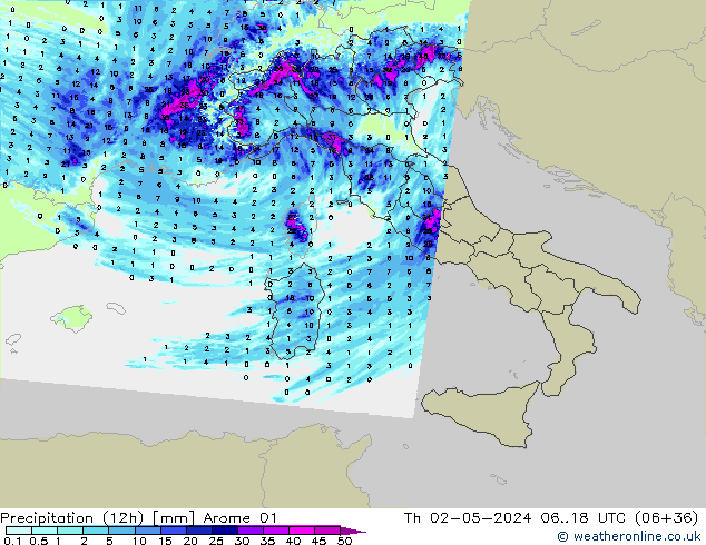 Precipitazione (12h) Arome 01 gio 02.05.2024 18 UTC