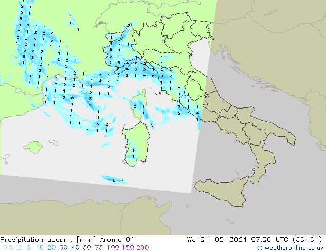 Precipitation accum. Arome 01 mer 01.05.2024 07 UTC