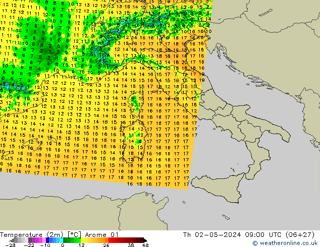 Temperature (2m) Arome 01 Čt 02.05.2024 09 UTC