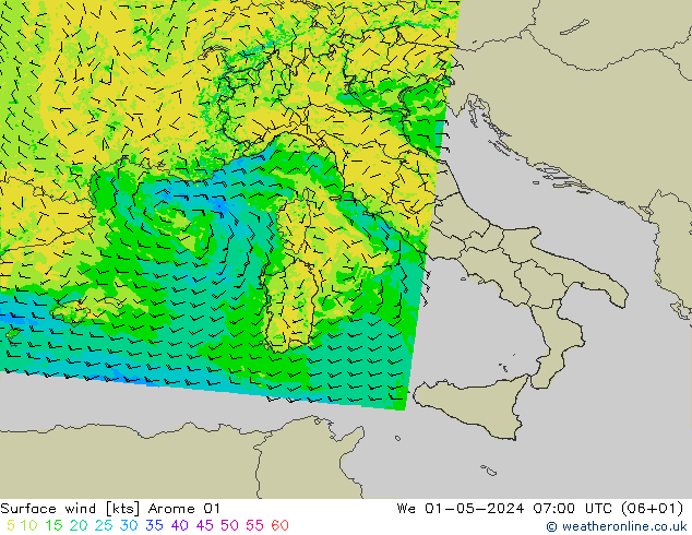 wiatr 10 m Arome 01 śro. 01.05.2024 07 UTC