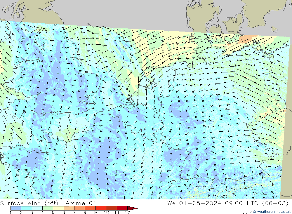 Surface wind (bft) Arome 01 St 01.05.2024 09 UTC