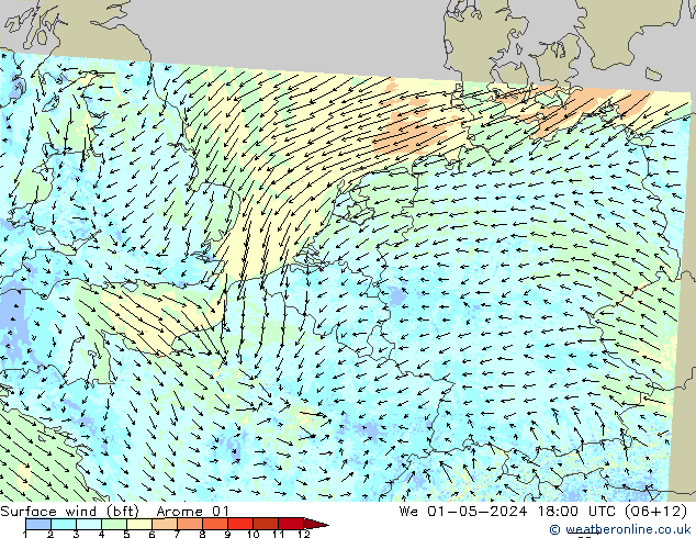 Surface wind (bft) Arome 01 We 01.05.2024 18 UTC