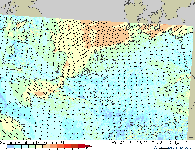 Rüzgar 10 m (bft) Arome 01 Çar 01.05.2024 21 UTC