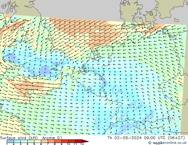 Surface wind (bft) Arome 01 Čt 02.05.2024 09 UTC