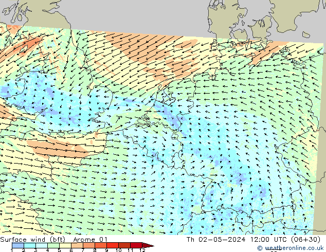 Wind 10 m (bft) Arome 01 do 02.05.2024 12 UTC