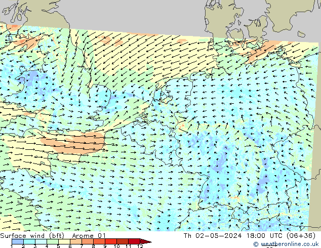 Vento 10 m (bft) Arome 01 Qui 02.05.2024 18 UTC