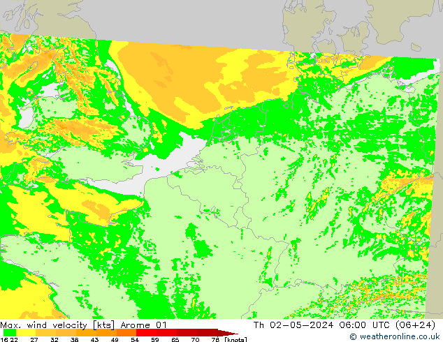 Max. wind velocity Arome 01 Th 02.05.2024 06 UTC