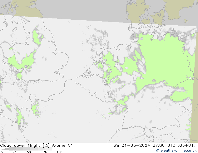 Cloud cover (high) Arome 01 We 01.05.2024 07 UTC