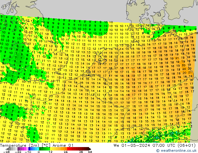 mapa temperatury (2m) Arome 01 śro. 01.05.2024 07 UTC