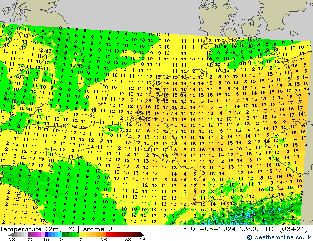 Temperatuurkaart (2m) Arome 01 do 02.05.2024 03 UTC