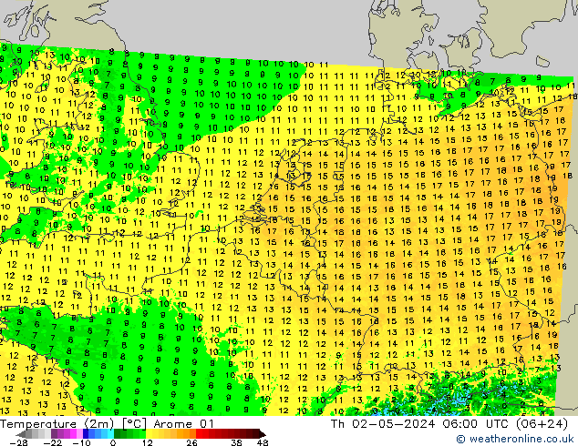 température (2m) Arome 01 jeu 02.05.2024 06 UTC