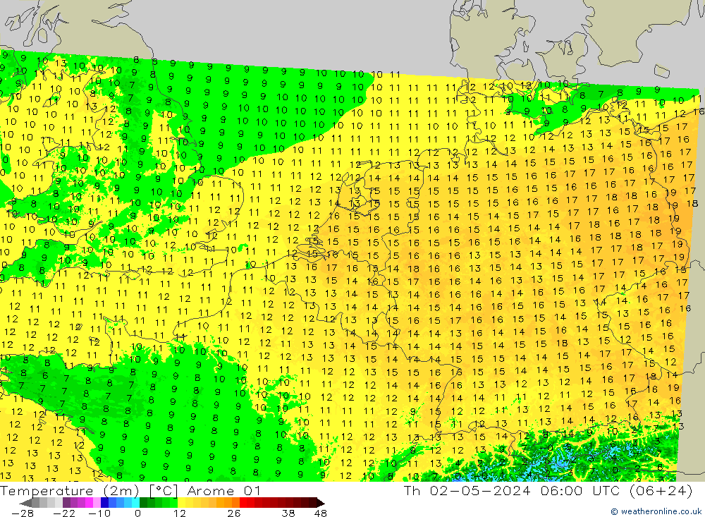 température (2m) Arome 01 jeu 02.05.2024 06 UTC