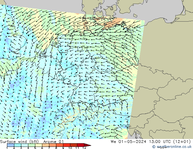 Surface wind (bft) Arome 01 St 01.05.2024 13 UTC