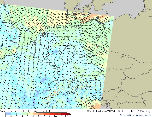 Surface wind (bft) Arome 01 We 01.05.2024 15 UTC