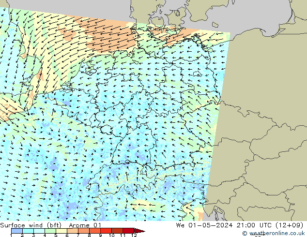 Vent 10 m (bft) Arome 01 mer 01.05.2024 21 UTC